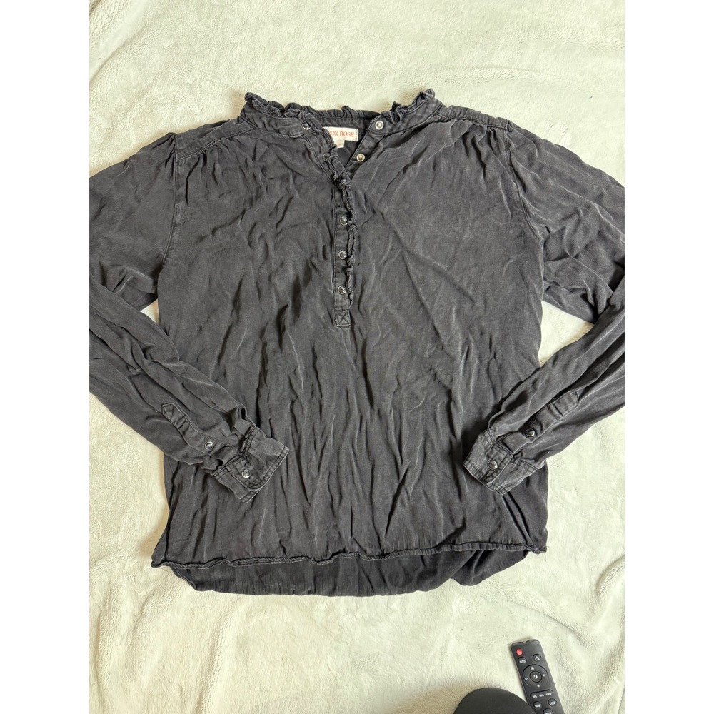 Knox Rose Ruffle Collar Button Down Long Sleeve‎ Top Blouse Black L